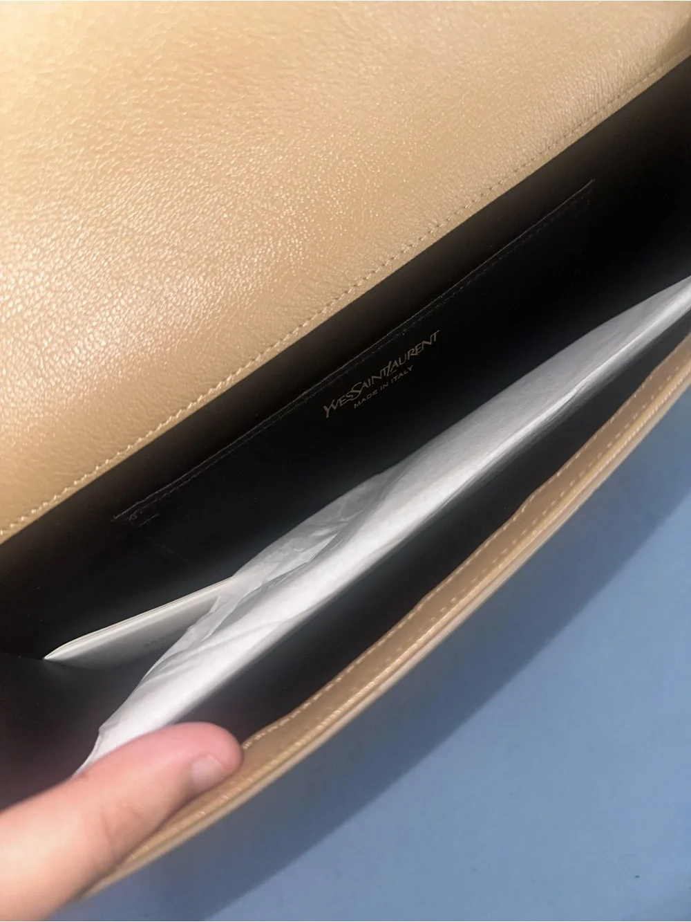 Saint Laurent Beige Leather YSL Embossed Envelope Wallet